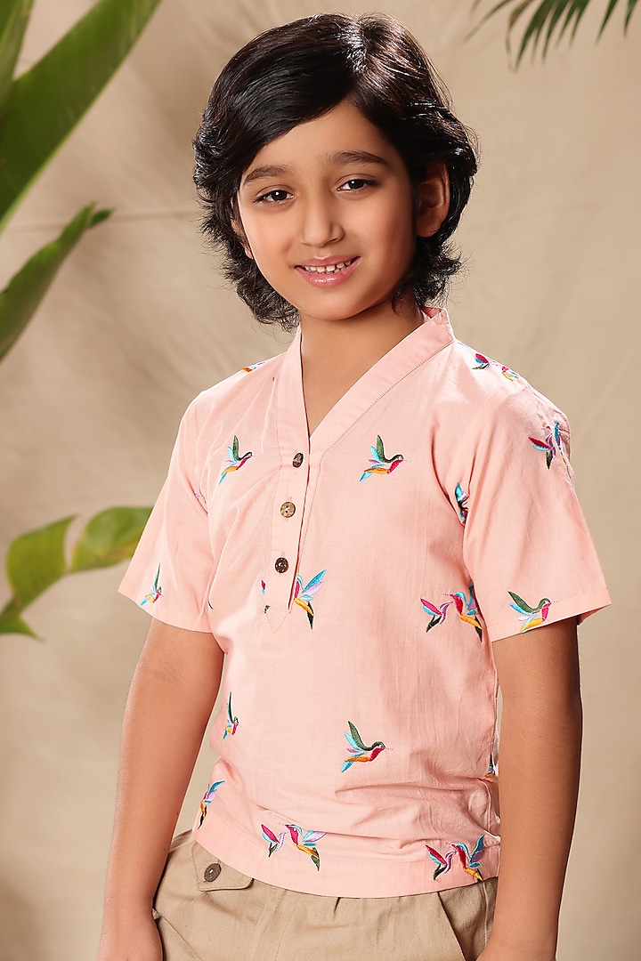 Pink Soft Cotton Cambric Birds Embroidered Shirt For Boys by LittleCheer