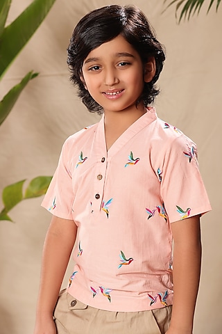 Pink Soft Cotton Cambric Birds Embroidered Shirt For Boys by LittleCheer