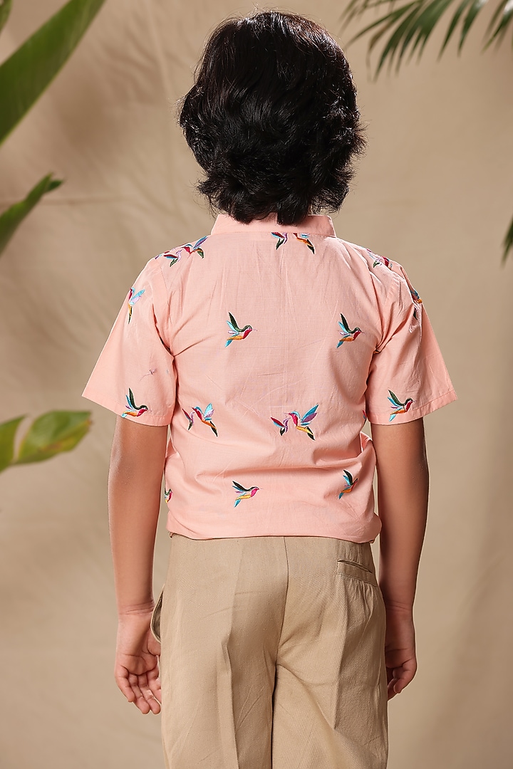 Pink Soft Cotton Cambric Birds Embroidered Shirt For Boys by LittleCheer at Pernia's Pop Up Shop