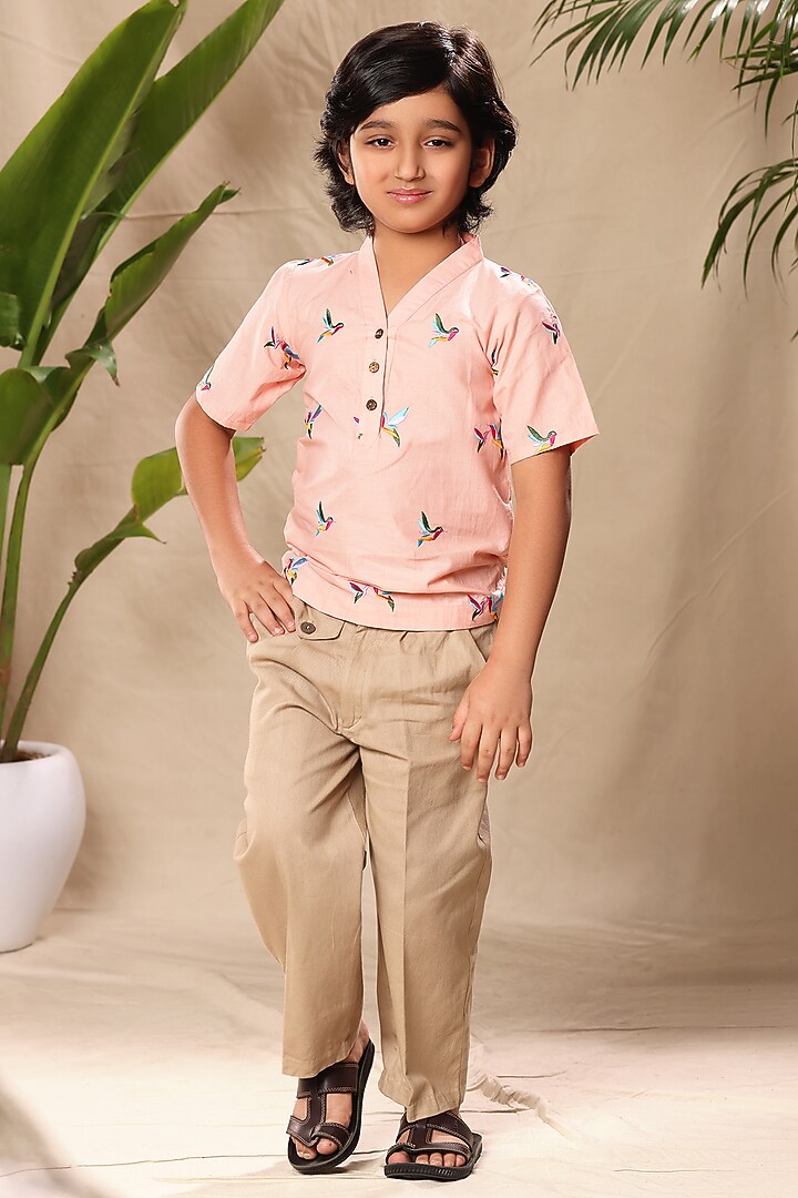 Pink Soft Cotton Cambric Birds Embroidered Shirt For Boys by LittleCheer at Pernia's Pop Up Shop