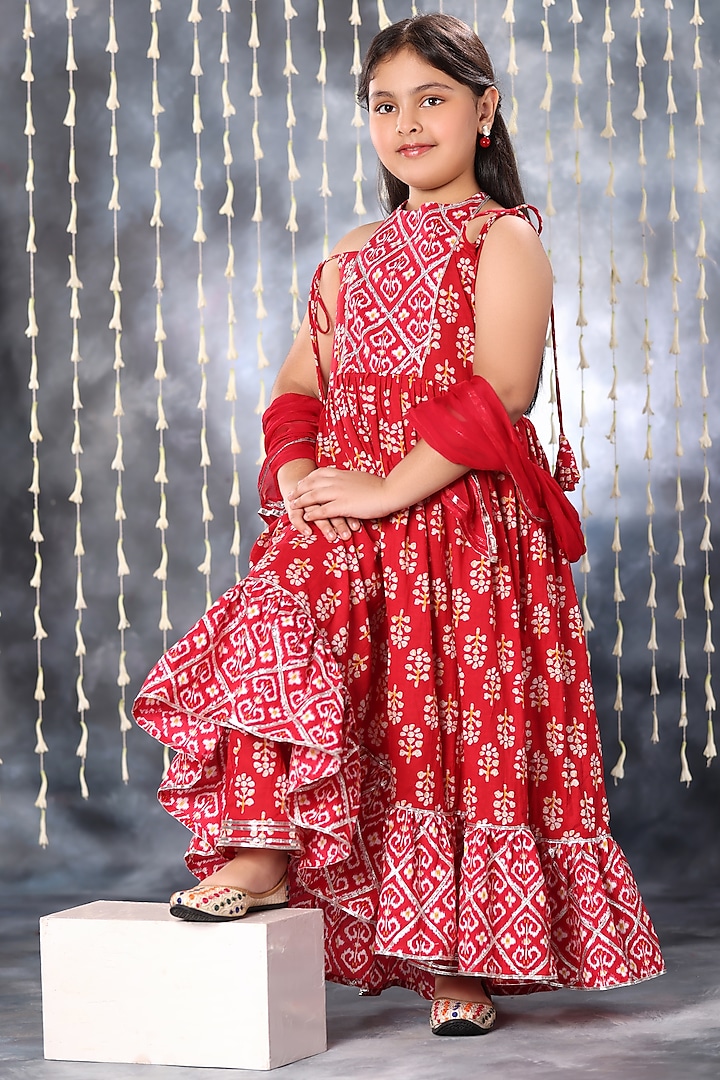 Red Cotton Ikat Printed Anarkali Set For Girls by LittleCheer