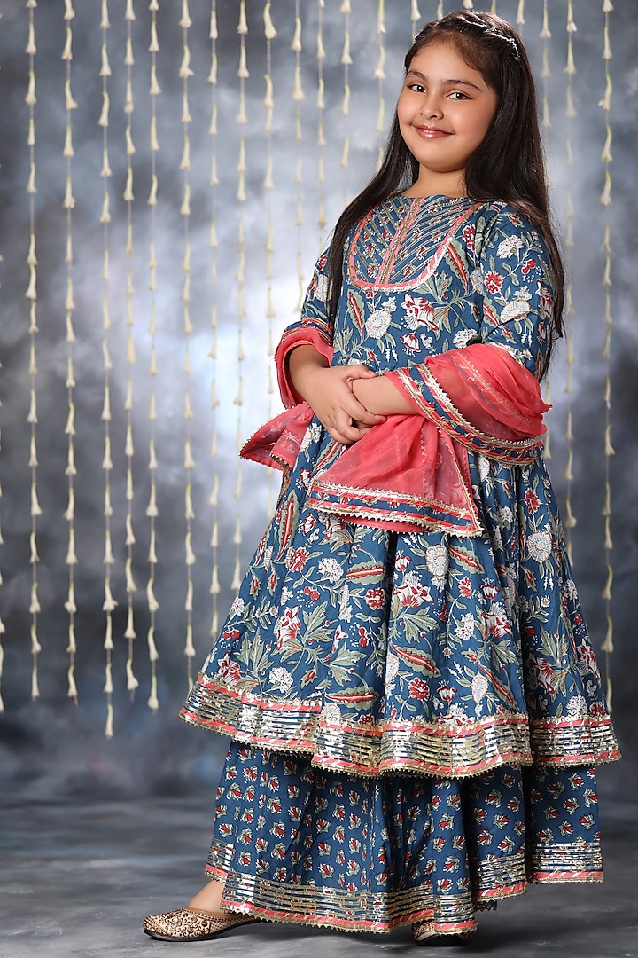 Blue Cotton Printed & Gota Embroidered Anarkali Set For Girls by LittleCheer