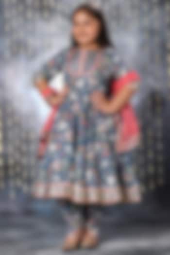 Blue Cotton Printed & Gota Embroidered Anarkali Set For Girls by LittleCheer
