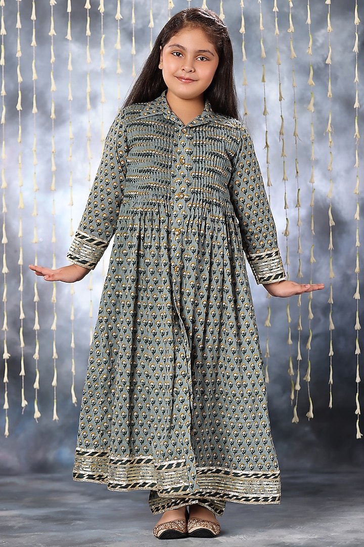 Grey Cotton Floral Printed Shirt Kurta Set For Girls by LittleCheer at Pernia's Pop Up Shop