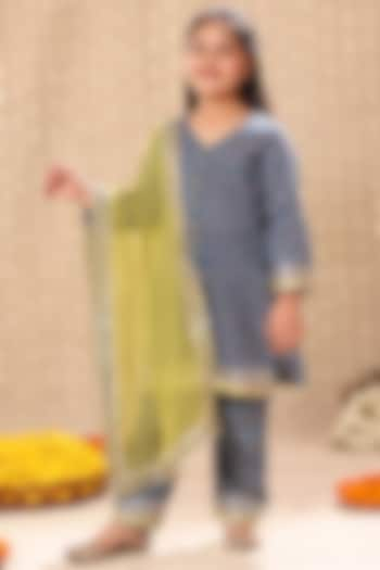 Blue Cotton Printed & Gota Embroidered Kurta Set For Girls by LittleCheer at Pernia's Pop Up Shop