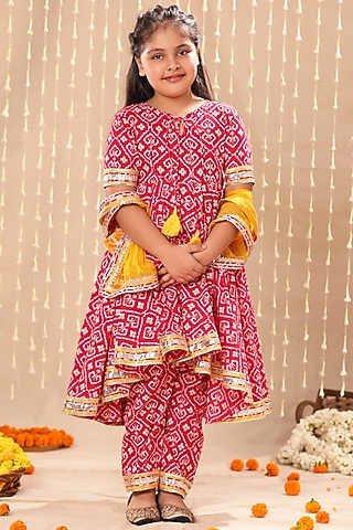 Red Cotton Ikat Printed High-Low Kurta Set For Girls by LittleCheer