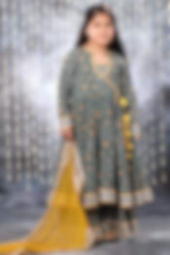 Grey Cotton Printed Angrakha Anarkali Set For Girls by LittleCheer