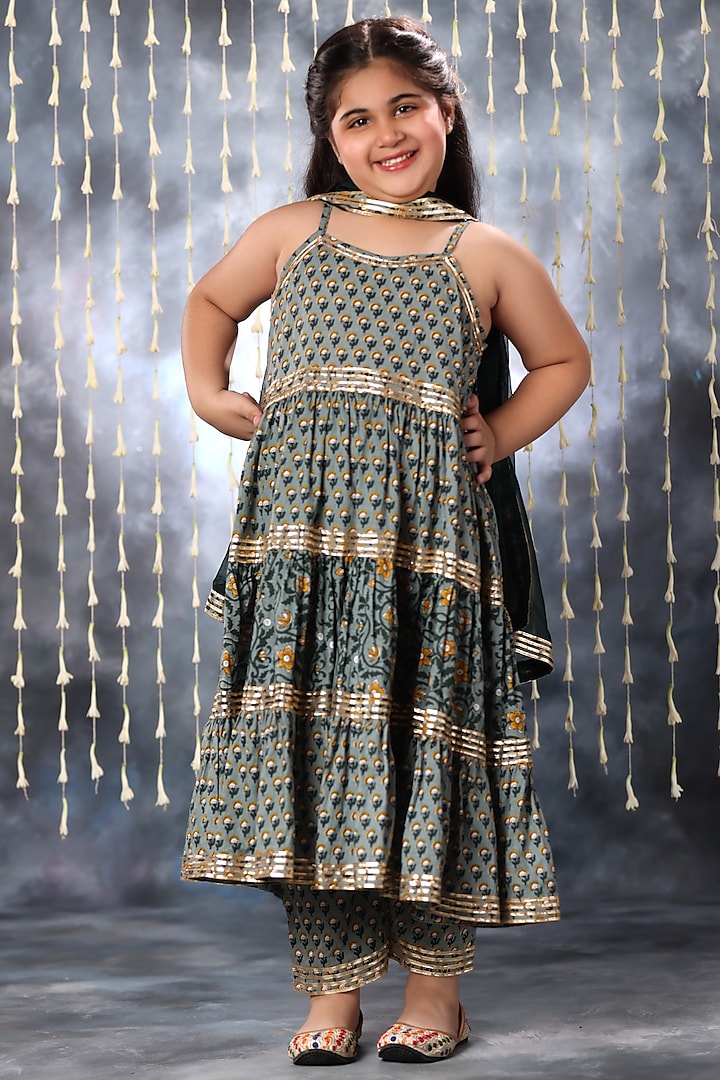 Grey Cotton Floral & Boota Printed Tiered Anarkali Set For Girls by LittleCheer