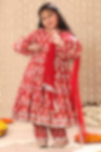 Red Cotton Floral & Boota Printed Tiered Anarkali Set For Girls by LittleCheer at Pernia's Pop Up Shop