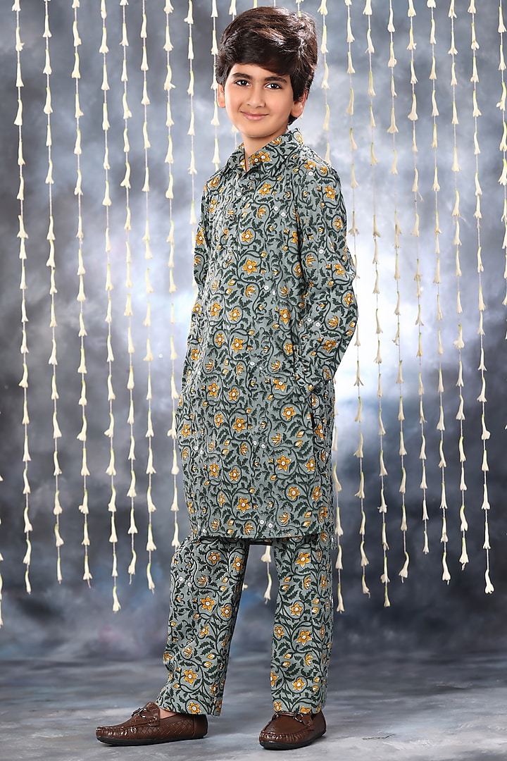 Grey Cotton Floral Hand Block Printed Kurta Set For Boys by LittleCheer