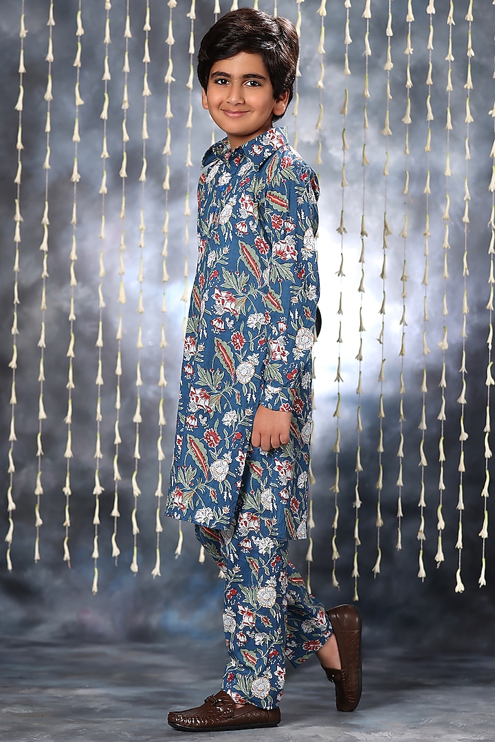 Blue Cotton Floral Hand Block Printed Kurta Set For Boys by LittleCheer at Pernia's Pop Up Shop