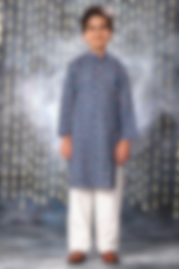 Blue Cotton Floral Hand Block Printed Kurta Set For Boys by LittleCheer at Pernia's Pop Up Shop