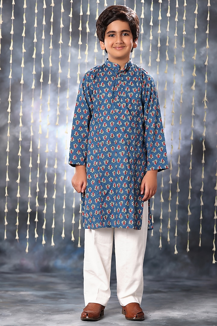 Blue Cotton Floral Hand Block Printed Kurta Set For Boys by LittleCheer at Pernia's Pop Up Shop