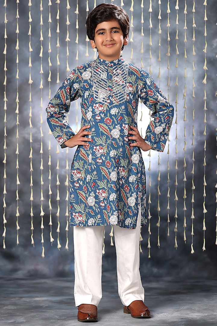 Blue Cotton Floral Hand Block Printed Kurta Set For Boys by LittleCheer at Pernia's Pop Up Shop