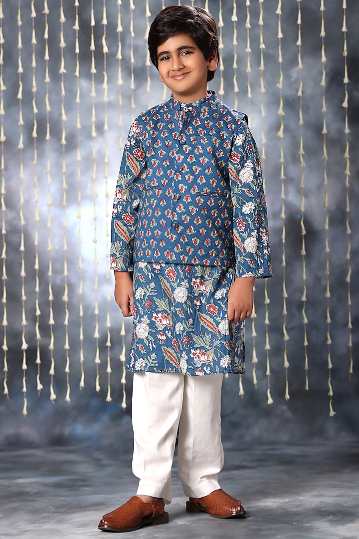 Blue Cotton Boota Handblock Printed Nehru Jacket Set For Boys by LittleCheer