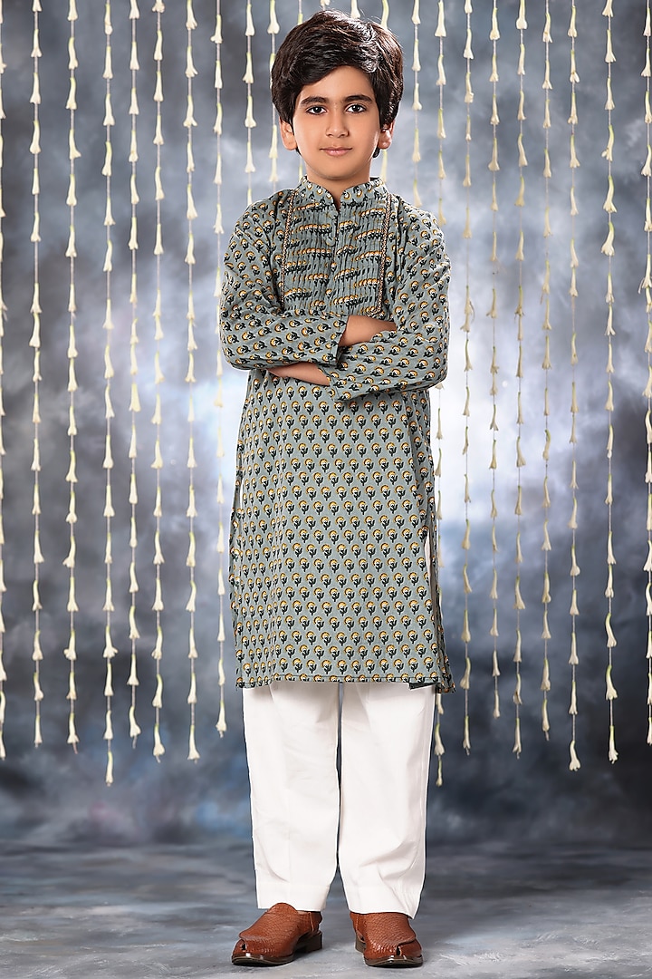 Grey Cotton Printed & Gota Embroidered Kurta Set For Boys by LittleCheer