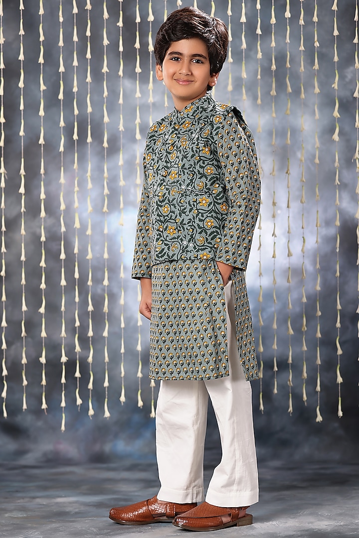 Grey Cotton Printed Nehru Jacket Set For Boys by LittleCheer