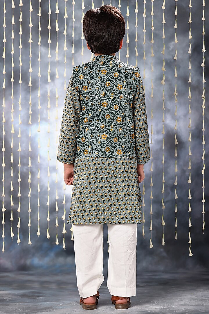 Grey Cotton Printed Nehru Jacket Set For Boys by LittleCheer at Pernia's Pop Up Shop