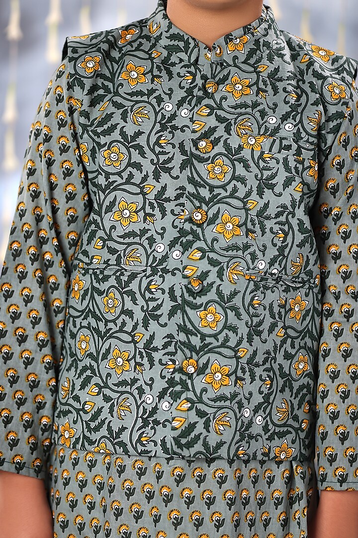 Grey Cotton Printed Nehru Jacket Set For Boys by LittleCheer at Pernia's Pop Up Shop