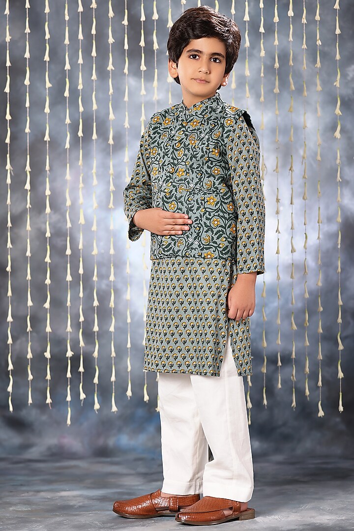 Grey Cotton Printed Nehru Jacket Set For Boys by LittleCheer at Pernia's Pop Up Shop