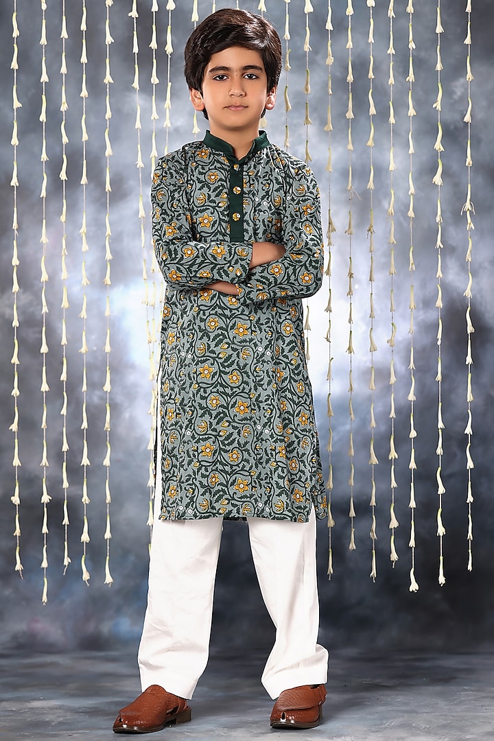 Grey Cotton Handblock Printed Kurta Set For Boys by LittleCheer