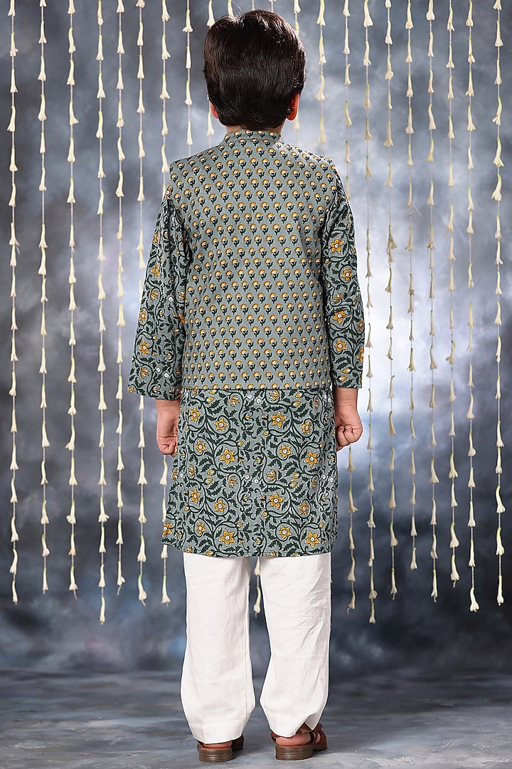 Grey Cotton Handblock Printed Nehru Jacket Set For Boys by LittleCheer at Pernia's Pop Up Shop
