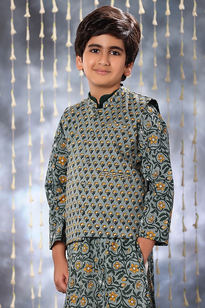 Grey Cotton Handblock Printed Nehru Jacket Set For Boys by LittleCheer at Pernia's Pop Up Shop