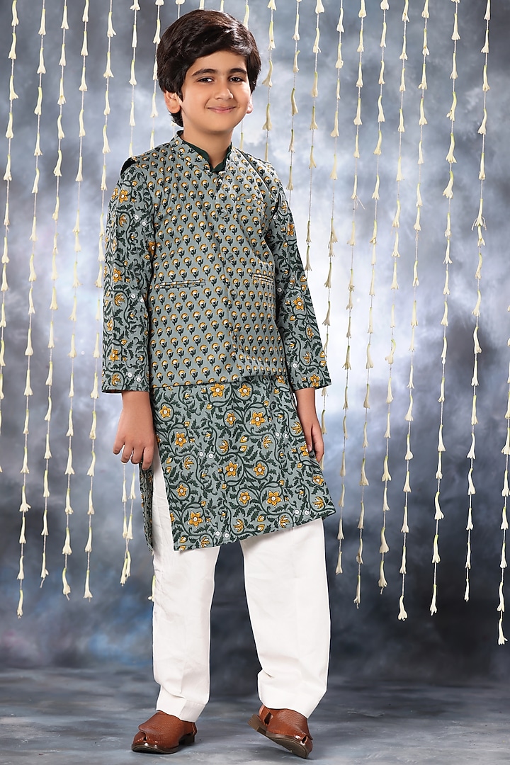 Grey Cotton Handblock Printed Nehru Jacket Set For Boys by LittleCheer at Pernia's Pop Up Shop
