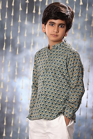 Grey Cotton Hand Block Printed Shirt by LittleCheer
