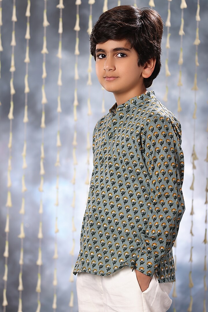 Grey Cotton Hand Block Printed Shirt by LittleCheer at Pernia's Pop Up Shop