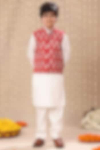 Red Cotton Floral Handblock Printed Nehru Jacket Set For Boys by LittleCheer