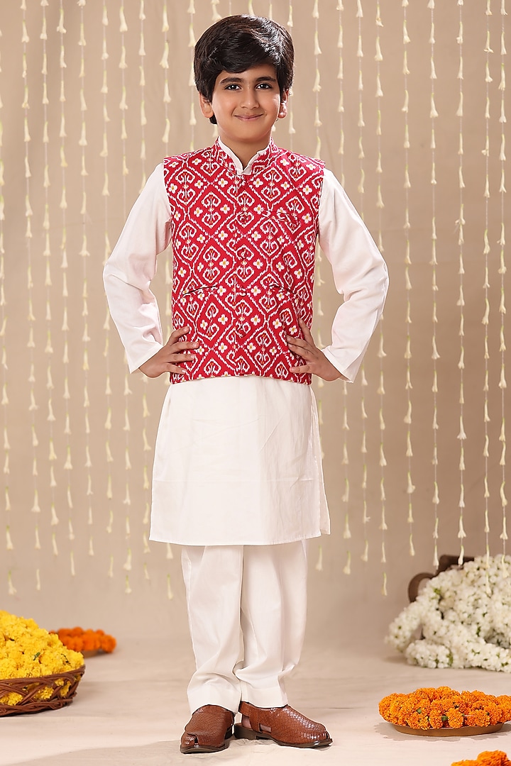 Red Cotton Ikat Handblock Printed Nehru Jacket Set For Boys by LittleCheer