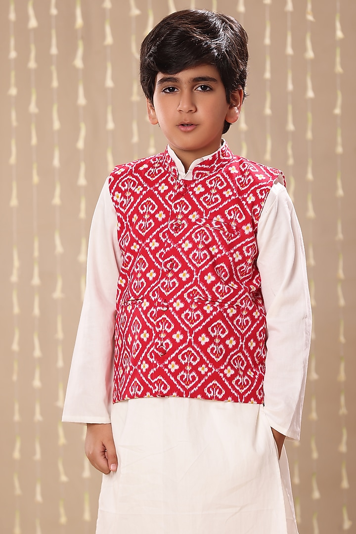 Red Cotton Ikat Handblock Printed Nehru Jacket Set For Boys by LittleCheer at Pernia's Pop Up Shop