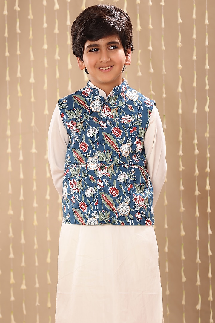 Blue Cotton Floral Printed Nehru Jacket Set For Boys by LittleCheer