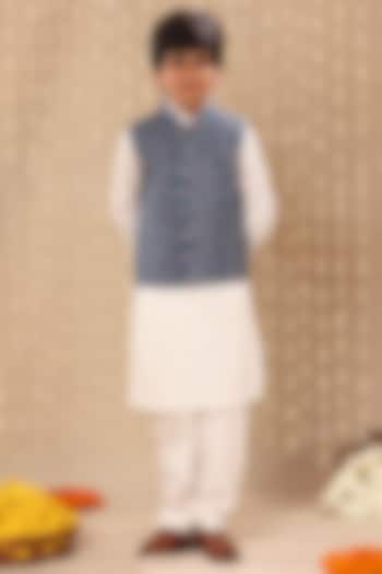 Blue Cotton Boota Printed Nehru Jacket Set For Boys by LittleCheer