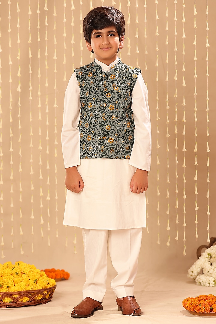 Grey Cotton Floral Printed Nehru Jacket Set For Boys by LittleCheer