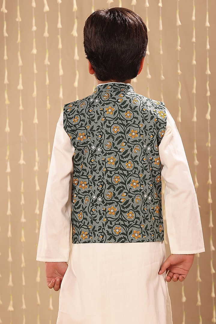 Grey Cotton Floral Printed Nehru Jacket Set For Boys by LittleCheer at Pernia's Pop Up Shop