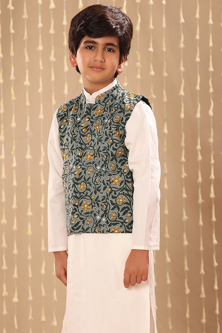 Grey Cotton Floral Printed Nehru Jacket Set For Boys by LittleCheer at Pernia's Pop Up Shop