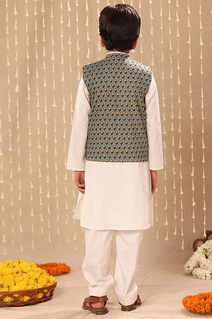 Grey Cotton Boota Printed Nehru Jacket Set For Boys by LittleCheer at Pernia's Pop Up Shop
