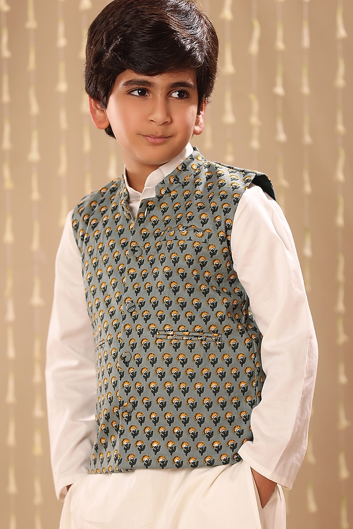Grey Cotton Boota Printed Nehru Jacket Set For Boys by LittleCheer at Pernia's Pop Up Shop