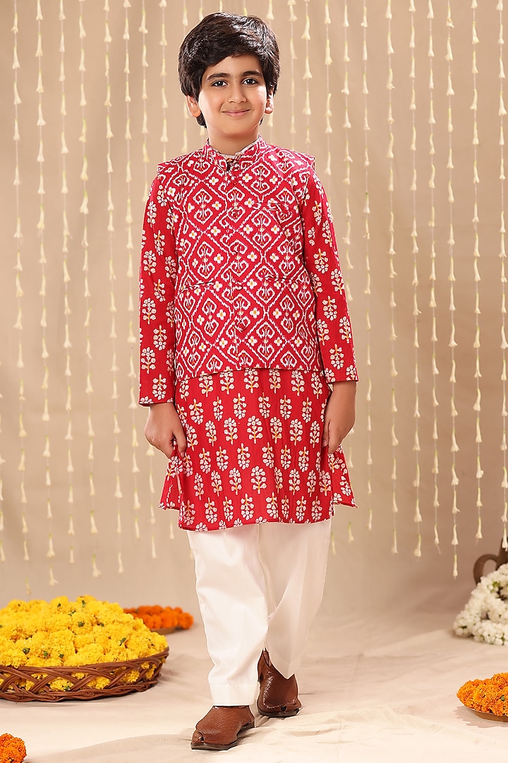 Red Cotton Ikat Printed Nehru Jacket Set For Boys by LittleCheer