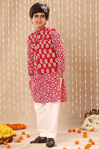Red Cotton Floral Printed Nehru Jacket Set For Boys by LittleCheer