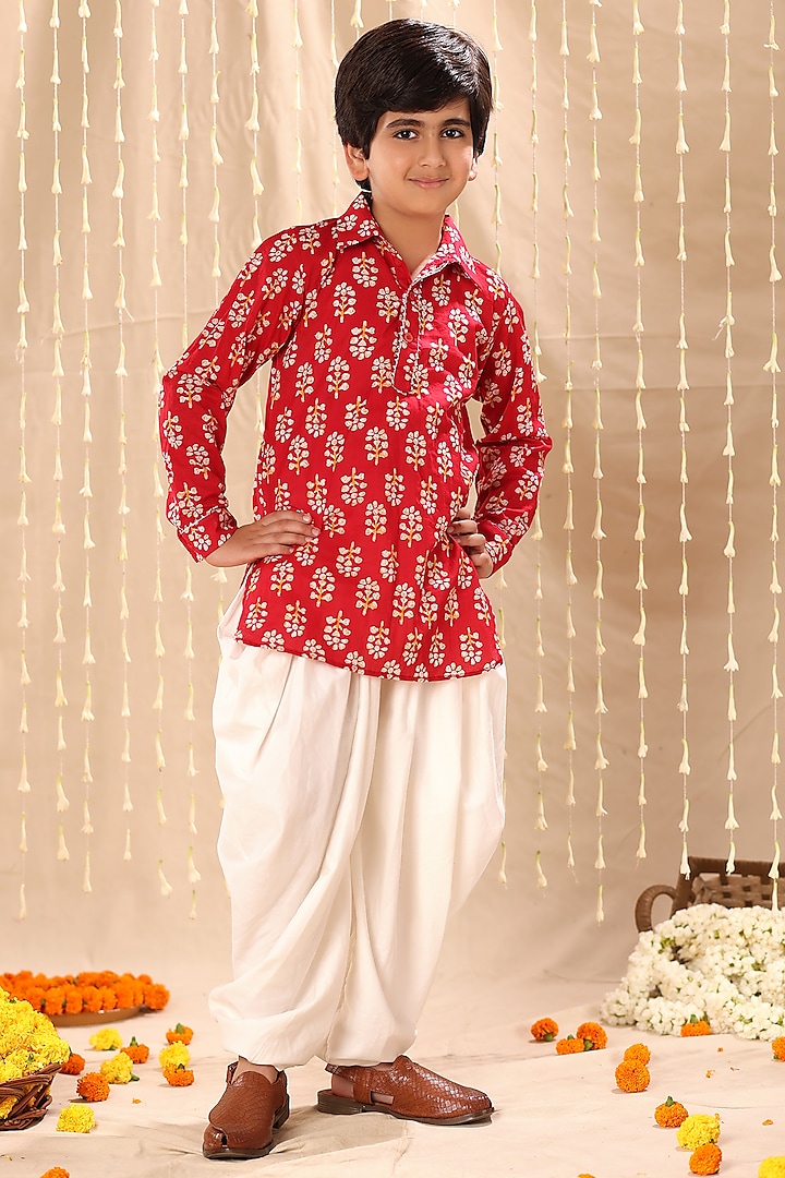 Red Cotton Floral Hand Block Printed Kurta Set For Boys by LittleCheer