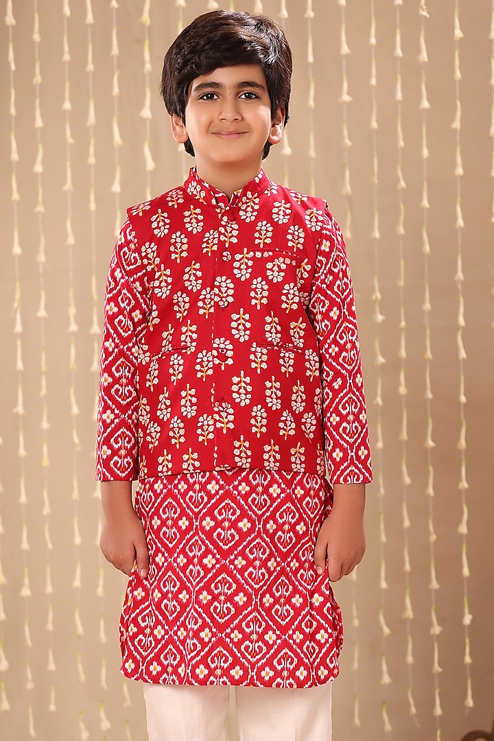 Red Cotton Floral Hand Block Printed Nehru Jacket For Boys by LittleCheer