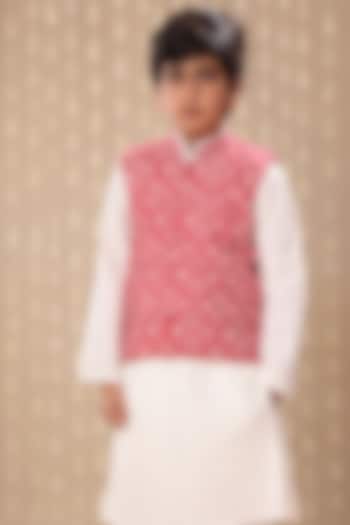 Red Cotton Ikat Hand Block Printed Nehru Jacket For Boys by LittleCheer