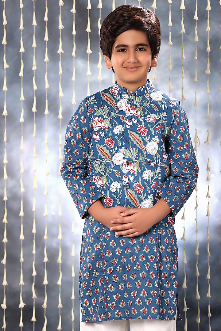 Blue Cotton Floral Printed Nehru Jacket For Boys by LittleCheer
