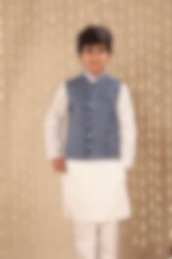Blue Cotton Boota Printed Nehru Jacket For Boys by LittleCheer