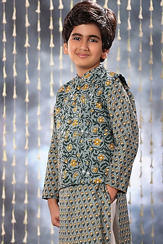 Grey Cotton Floral Printed Nehru Jacket For Boys by LittleCheer