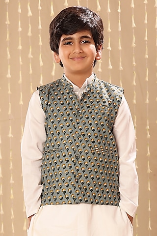 Grey Cotton Boota Printed Nehru Jacket For Boys by LittleCheer