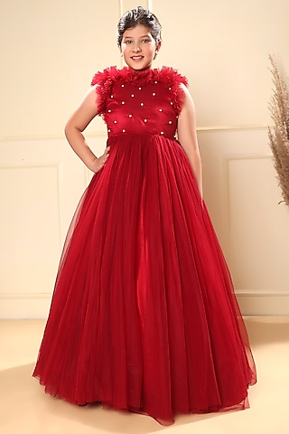 Crimson Red Butterfly Net Pearl Embellished Gown for Girls by LittleCheer